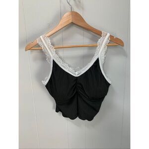 Black with White Lace Crop Top Large